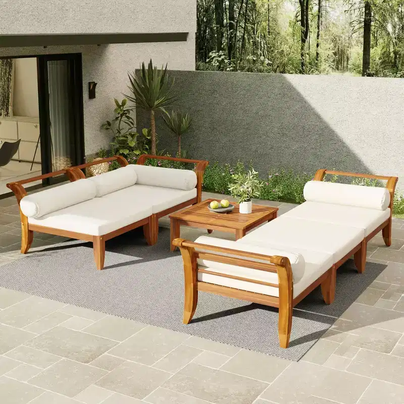 MAYEERTY 6 Pieces Patio Sofa Set Acacia Wood Modular Sectional Garden Furniture with Daybed Tea Table Ottoman 5 Cushions and Pillows Teak & Beige