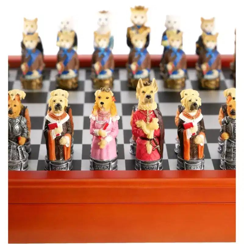 WorldWise Imports Chess Set - Cats & Dogs Resin Men on Cherry Stained Chest