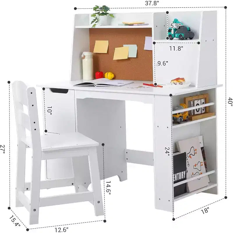 Wooden Desk with Hutch, Bookshelf, Storage Cabinets & Cork Board  Table & Chair Set for Home School, Boys & Girls, White