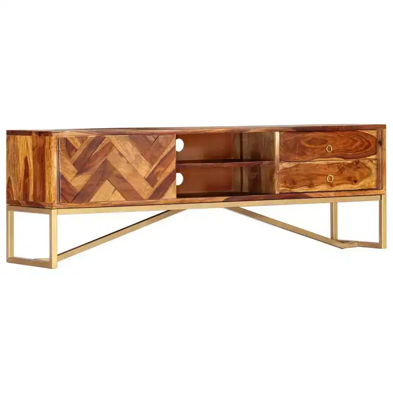 vidaXL TV Cabinet Brown Solid Sheesham Wood, Brass powder-coated iron