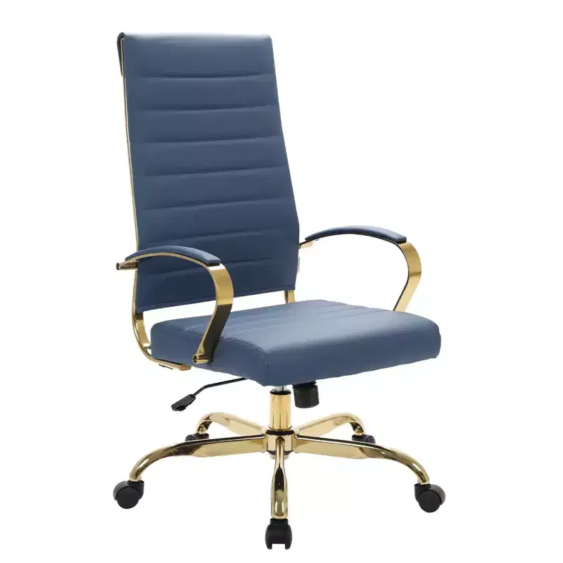 LeisureMod Benmar High-Back Ribbed Leather Office Chair - Modern Swivel & Tilt Executive Desk Chair - Gold Base