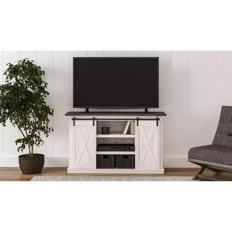 Signature Design by Ashley Dorrinson Medium TV Stand for TVs up to 63 Two-Tone: Farmhouse Media Console with Adjustable Shelves