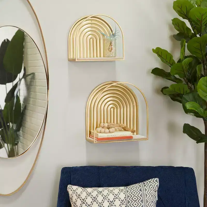 Set of 2 Metal Arched 2 Wall Shelves Gold - CosmoLiving by Cosmopolitan: Satin Finish, No Assembly Required, Iron Hardware