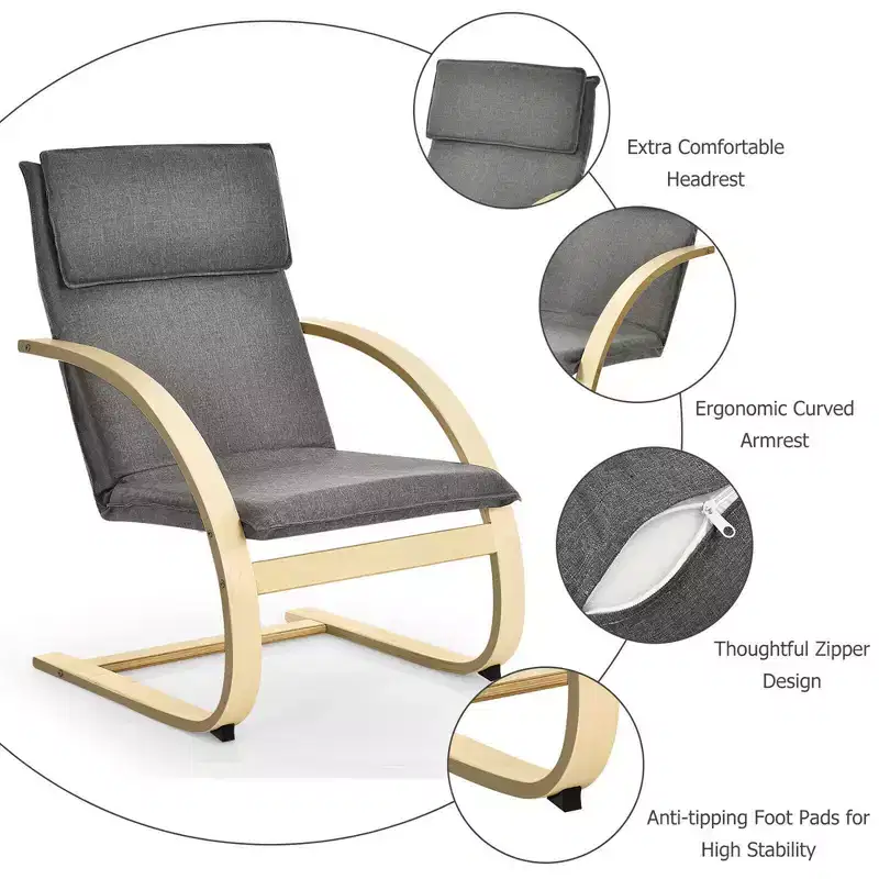 Costway Modern Bentwood Lounge Chair Fabric Upholstered Accent Leisure Armchair Gray