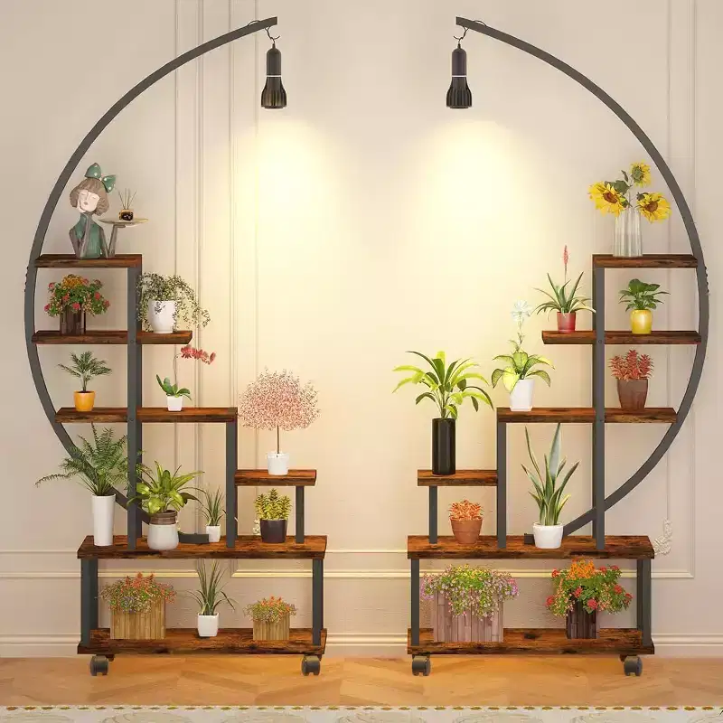 6-Tier Half Moon Plant Stand with Grow Lights - Tall Metal Plant Shelf with Wheels and Wooden Display Rack