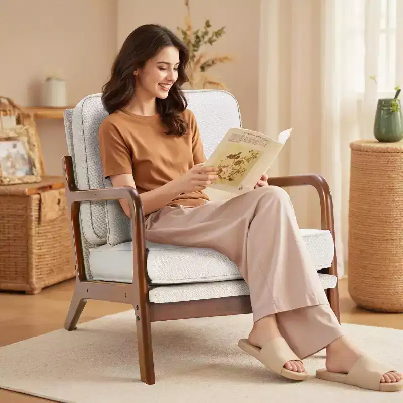 Mid Century Modern Accent Chair with Arms Waist Cushion Solid Wooden Frame Cream Lounge Chair