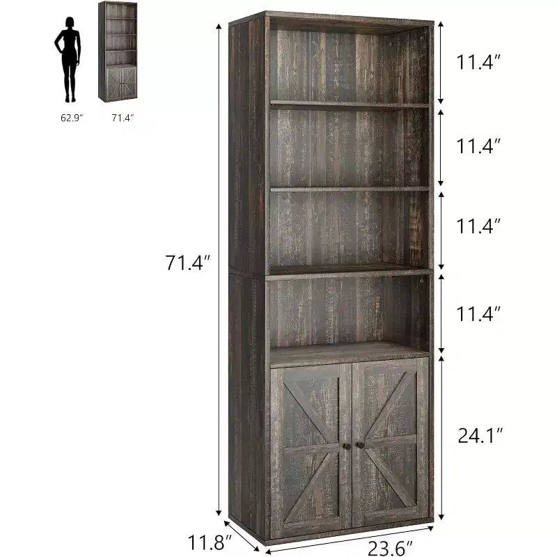 Industrial Oak Bookcase with Doors, 4-Shelf Storage Display, 71.4in Tall, 11.8in Depth, for Bedroom/Living Room/Home Office