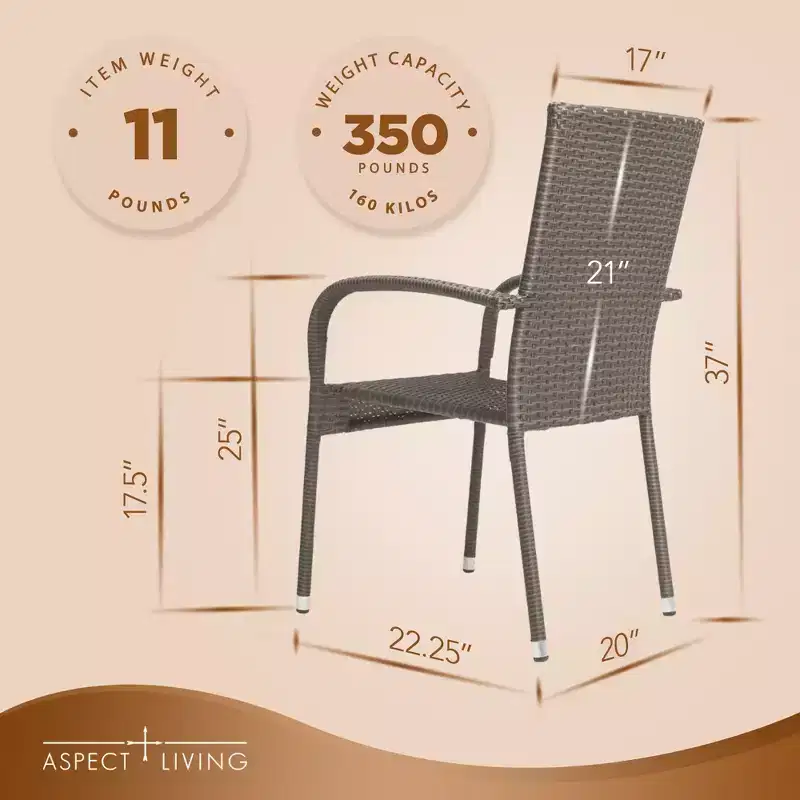 Aspect Living Morgan Outdoor Wicker Stacking Hand Woven All Weather Steel Powder Coated Frame Lightweight Porch Backyard Garden Balcony - Set of 2