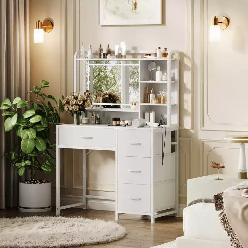Vanity Desk with Mirror and Lights, 35.4 Makeup Vanity Table with 4 Fabric Drawers & Storage Shelves, Adjustable LED Lights,Vanity Table for Bedroom