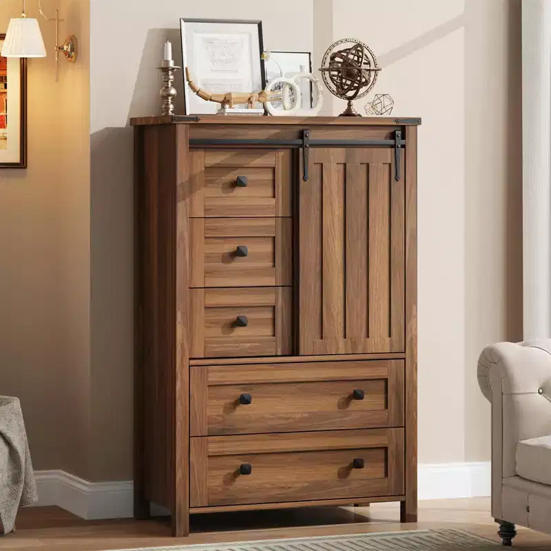 5-Drawer Dresser with Sliding Barn Door, 48 Tall Wood Chest of Drawers with Adjustable Shelf for Bedroom, Entryway, Living Room White