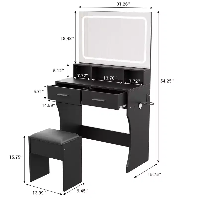 31.5 Large Makeup Vanity Desk with Mirror and Lights, 2 Drawers, Stool, 3 Color Lighting Modes, Modern Dressing Table for Bedroom