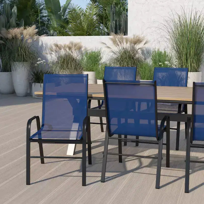 Emma and Oliver 5 Pack Navy Outdoor Stack Chair with Flex Comfort Material - Patio Stack Chair