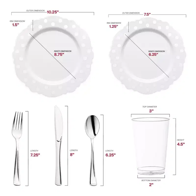 Smarty Had A Party White w/ Silver Dots Blossom Plastic Wedding Set - 30 Sets