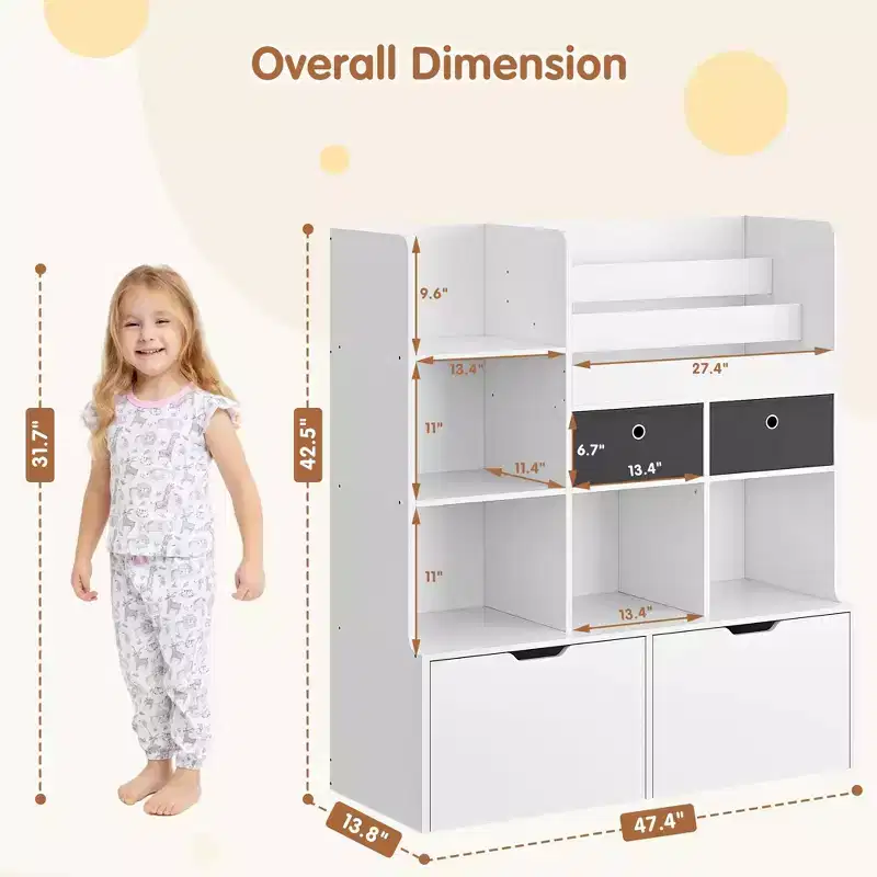 COZONY 47 Toy Storage Organizer with Drawers, Wooden Kids Bookshelf & Cubby Bookcase, Toy Chest for Playroom, Nursery, Kids Room, White