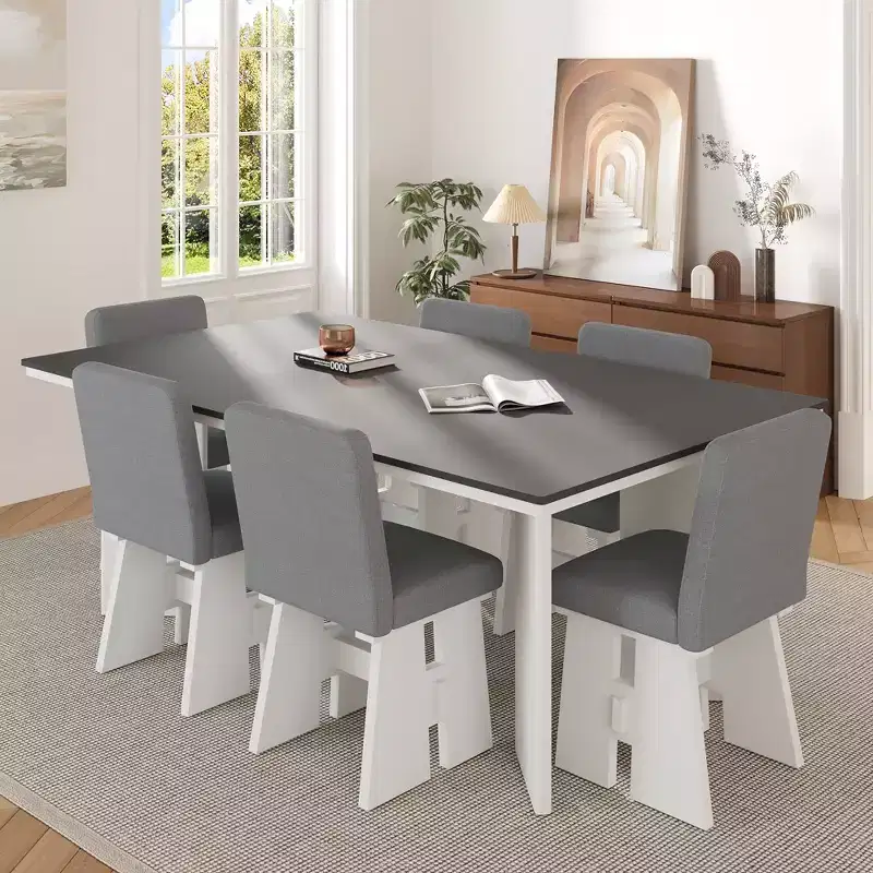 7 Piece Dining Table Set Dining Set with 6 Upholstered Dining Chairs, Retro and Rustic, Natural/Gray+White-ModernLuxe