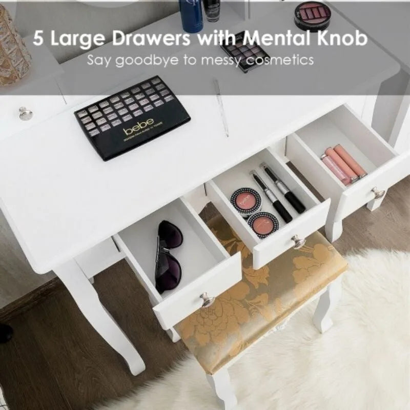 Vanity Make Up Table Set Dressing Table Set with 5 Drawers - 31.5 x 16 x 53.5 ( L x W x H )