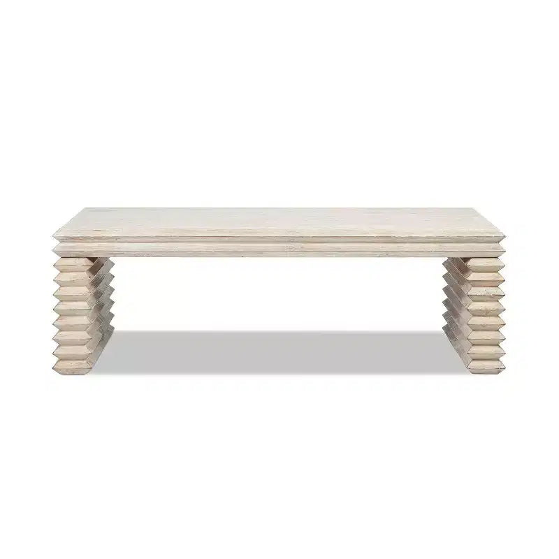 Jennifer Taylor Home Veda 55 Reclaimed Wood Stacked Geometric Waterfall Coffee Table, Whitewashed Natural Reclaimed Pine Wood