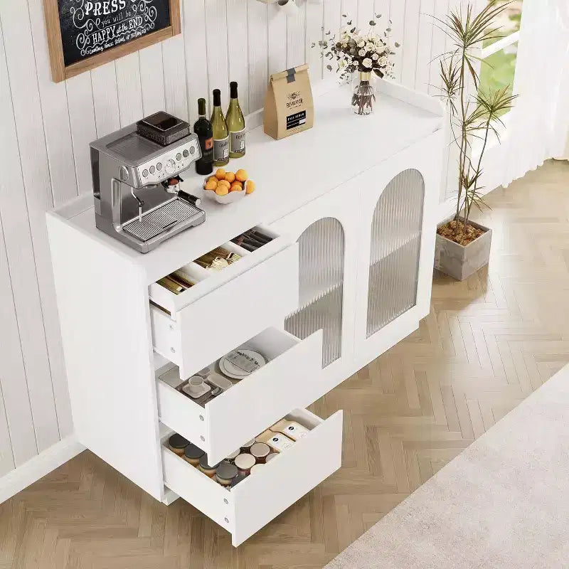 COZONY 48 Buffet Cabinet with 3 Drawers, Glass Doors & LED Lights, Modern Sideboard Storage Coffee Bar for Kitchen Dining Room