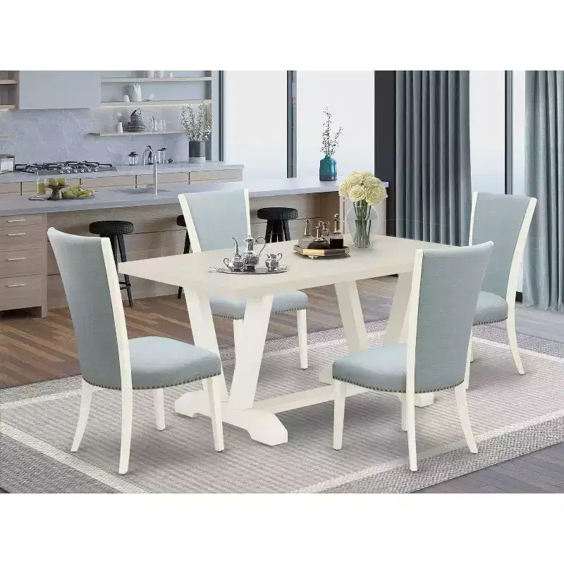 HomeStock 5-Piece Natural Oak Finish Solid Wood Top Dining Table with 4-Parson Chair