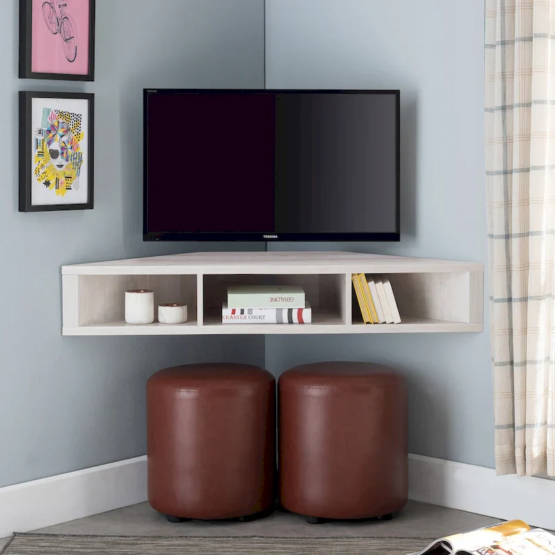 47 Corner Floating TV Stand, 3 Shelves, Transitional Style, Space-Saving Wall Mount
