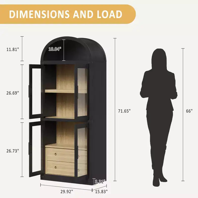 71 Tall Bookshelf, 4 Tier Book Shelf with 2 Storage Drawers, with Doors, 15.83In Depth Wood Bookshelf for Home Office, Living Room, Bed Room