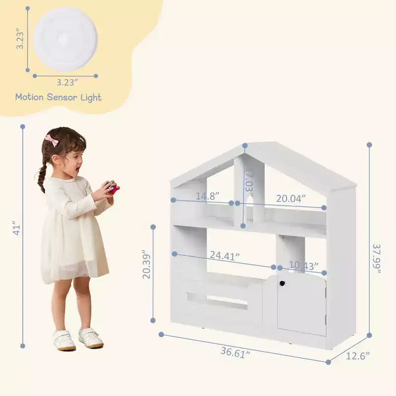 Kids Bookshelf w/ Motion Sensor Light, 2-Tier Wooden Toddler Bookcase & Toy Storage Organizer Cubby Cabinet for Playroom, Nursery & Classroom
