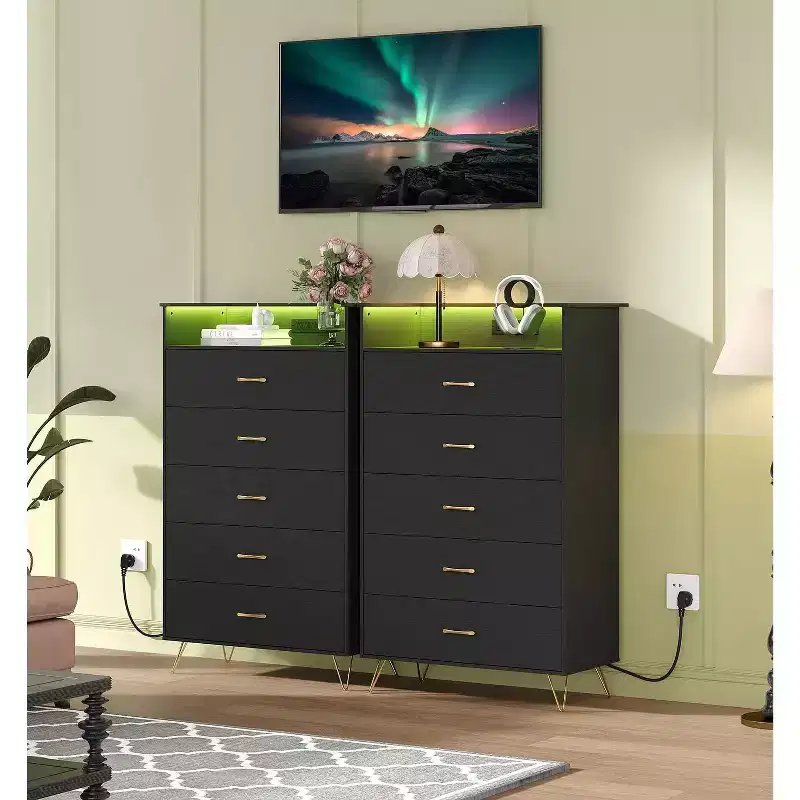 COZONY 5-Drawer Smart Dresser with RGB LED & Charging, App-Controlled Storage Chest for Bedroom & Living Room