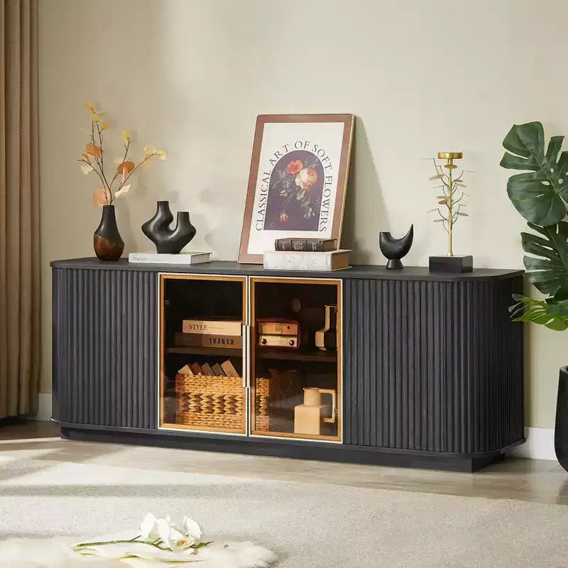 JVNOXK 64-inch Wavy TV Stand with Vertical Stripe Storage Cabinet and Glass Display, Suitable for Living Room/Bedroom, Black