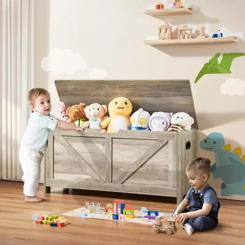 VEVOR Wooden Toy Chest for Kids, Toddler Toy Storage Box with Flip-Top Lid and Safety Hinge, 38.98 x 15.55 x 18.9 Large Kids Storage Bench, Gray
