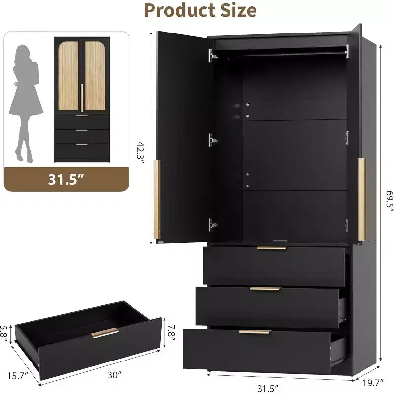 69.5 Armoire Wardrobe Closet with 3 Drawers, Rattan Door, Wooden Storage Cabinet with Hanging Rod, Bedroom Organizer