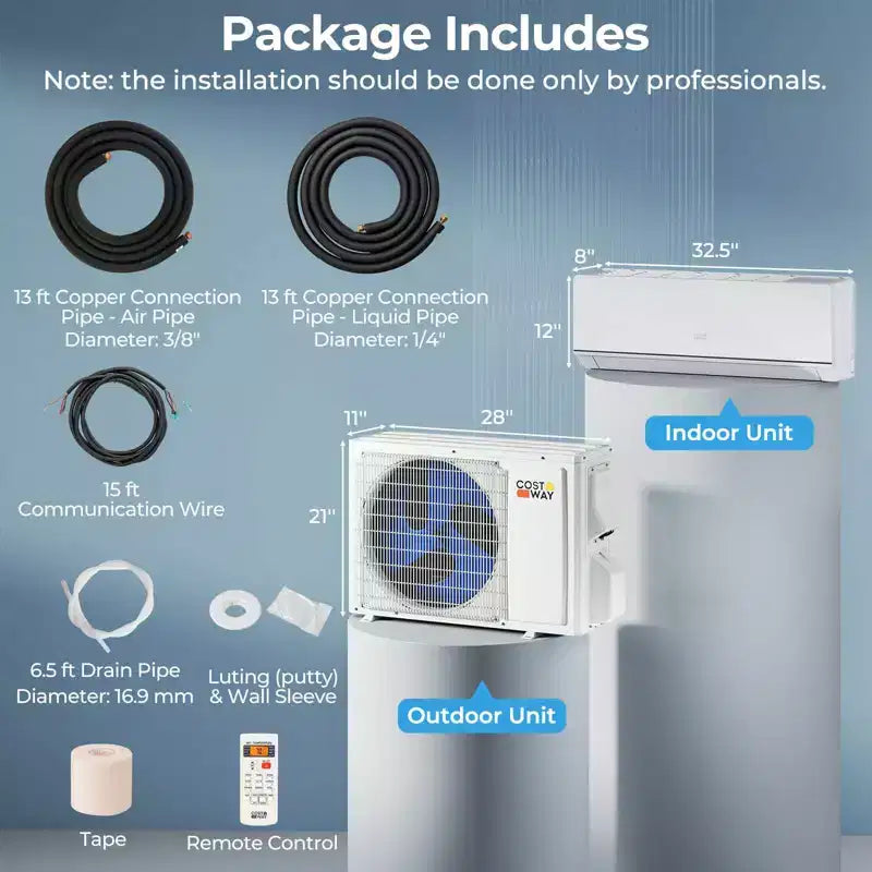 Costway 12000 BTU Mini Split Air Conditioner & Heater with 1 Ton Heat Pump Installation Kit