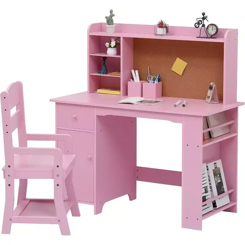 Acekool Kids Desk and Chair Set with Bookshelf, Bulletin Board, Cabinet & Drawer, Wooden Study Table for Ages 3-8, White