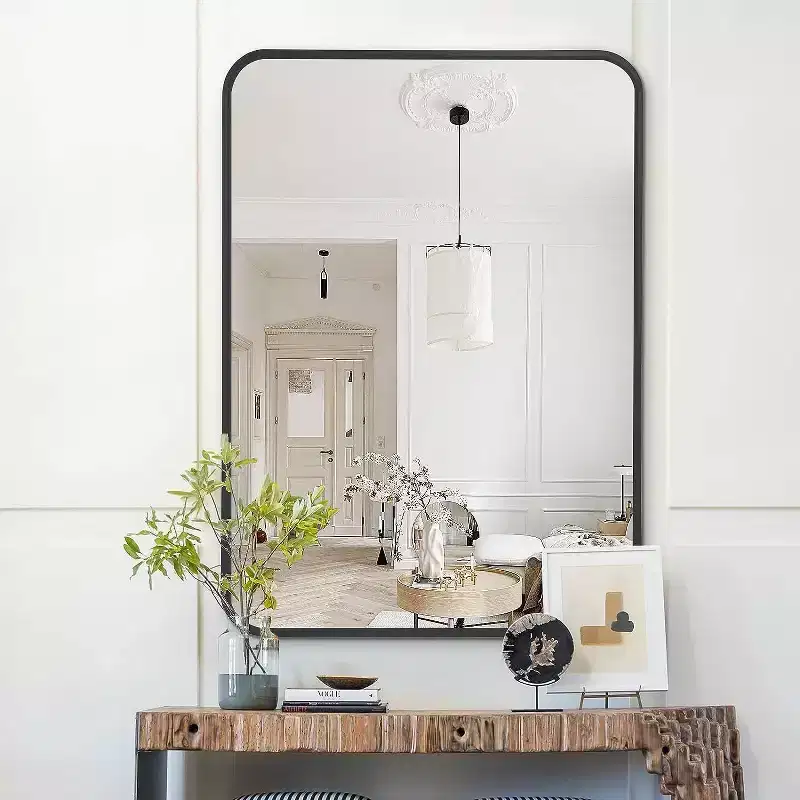 Okak Rectangle Bathroom Mirror with Aluminum Frame, Vanity Mirror with Arched Corned, Wall Mirror for Living Room, Bathroom
