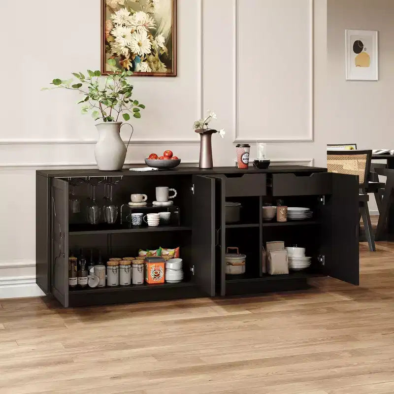 GDFStudio Alix Farmhouse 68 Sideboard Buffet Cabinet with Built-In Stemware Rack, 2 Drawers and 4 Doors