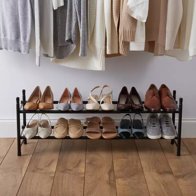 2-Tier Expandable Stackable Shoe Rack Organizer – Black Iron, Holds 12 Pairs