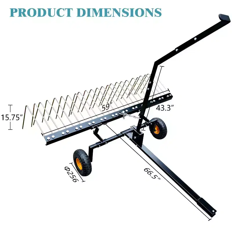 TROPOW 60-Inch Heavy Duty Garden Rake C Adjustable Stainless Steel Tow-Behind Dethatcher for Yard, Farm & Grass Cleaning