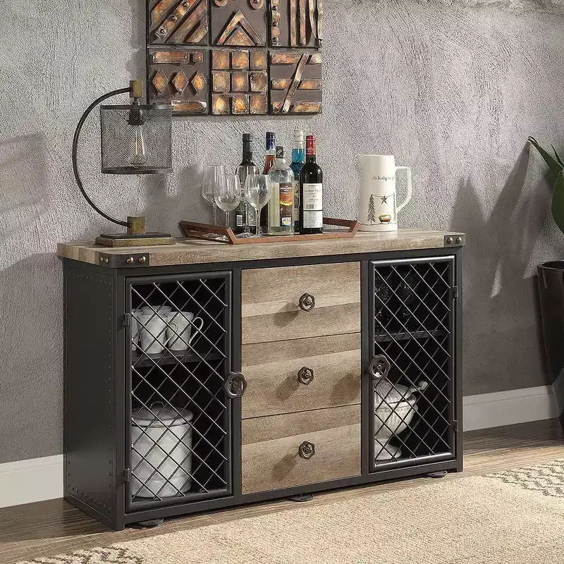 Edina 50 Kitchen and Dining Cabinets Oak and Sandy Black - Acme Furniture: Sideboard Buffet with Metal Frame, MDF Surface