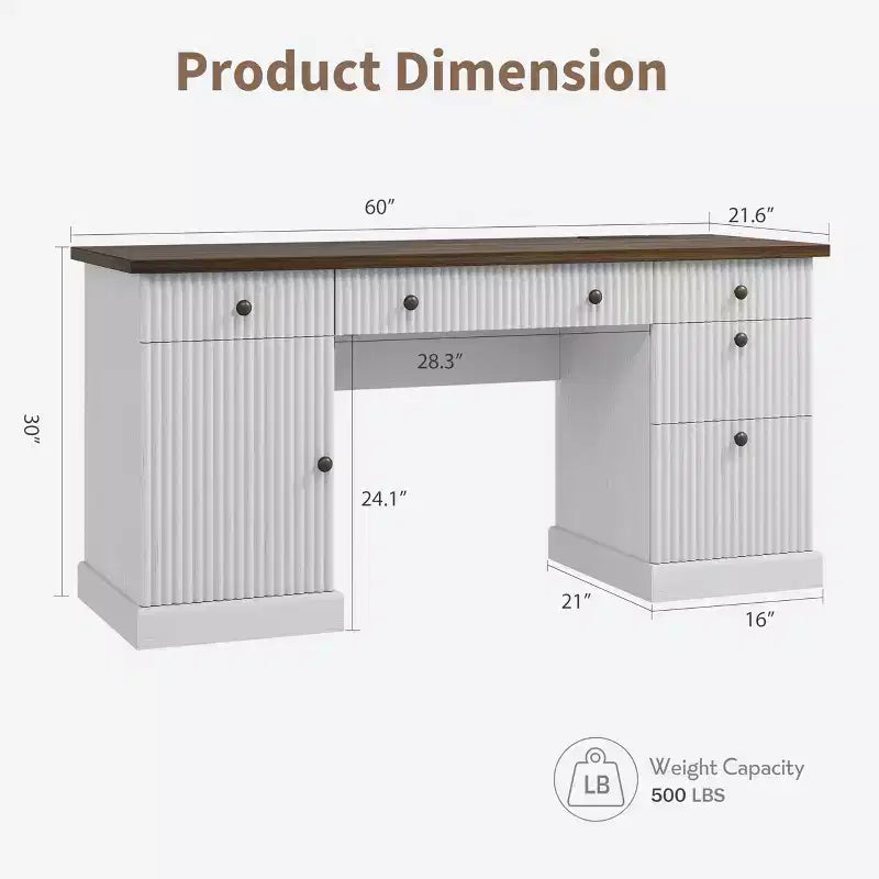 Fluted Home Office Desk Storage, Modern Executive Desk, Wooden Computer Writing Desk with File Cabinet & Drawers for Study, Living Room, Bedroom