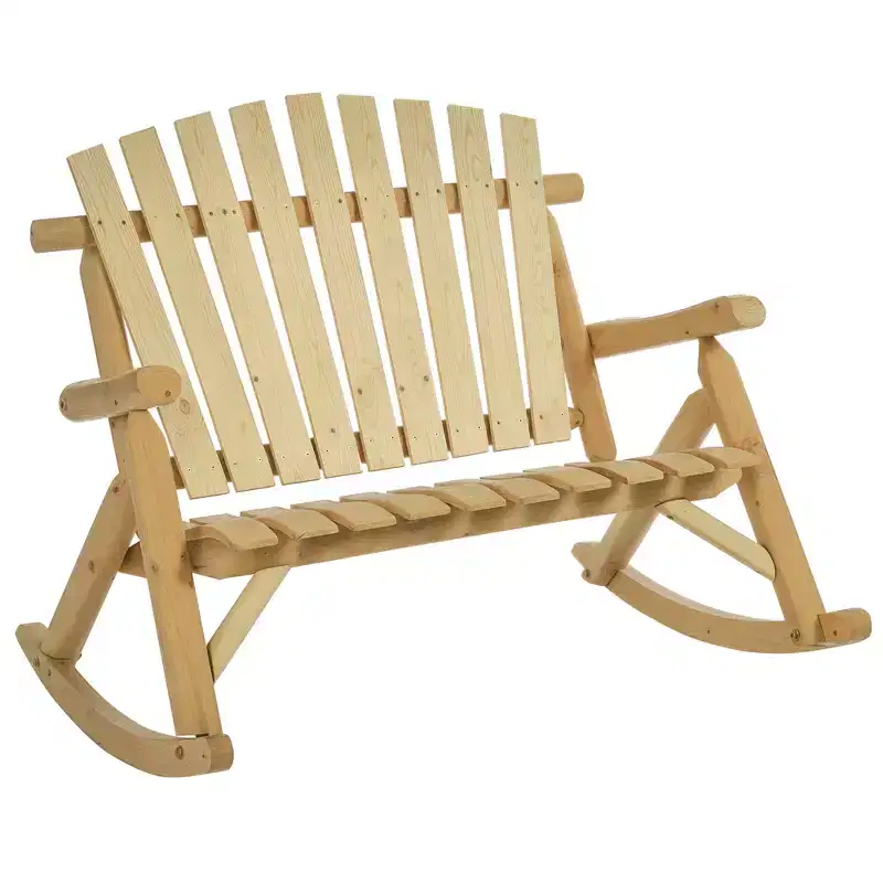 Outsunny Outdoor Adirondack Rocking Chair with Log Slatted Design, 2-Seat Patio Wooden Rocker Loveseat with High Back for Lawn Backyard Garden