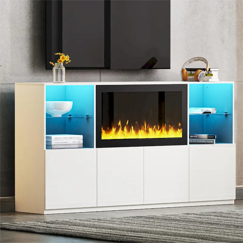 White/Black Modern TV Stand with 34.2 Electric Fireplace, Fits TVs up to 75, 2-Person Assembly