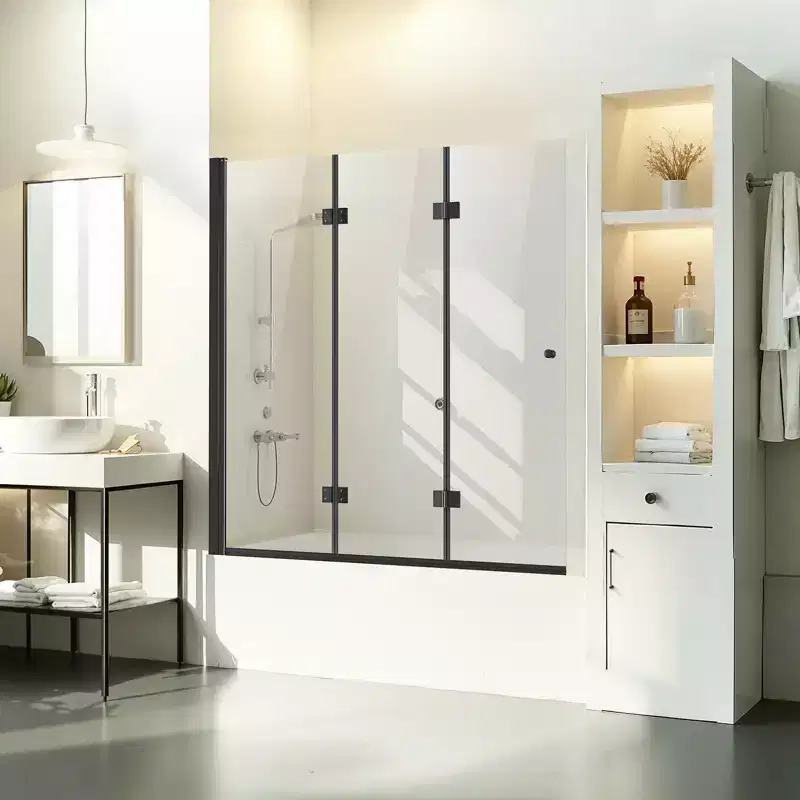 VEVOR Bathtub Shower Door,51 in. W x 56 in. H, Frameless Foldable Hinged Shower Door,Tri-Fold ,with 1/4 in Door, 180Rotating and Folding Design,Black