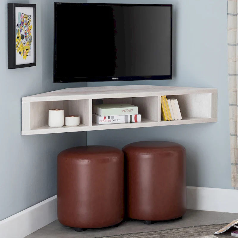 47 Corner Floating TV Stand, 3 Shelves, Transitional Style, Space-Saving Wall Mount