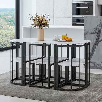 GDFStudio Tova Modern 7 Piece Metal Dining Set with Wooden Top and Triangular Chair Design