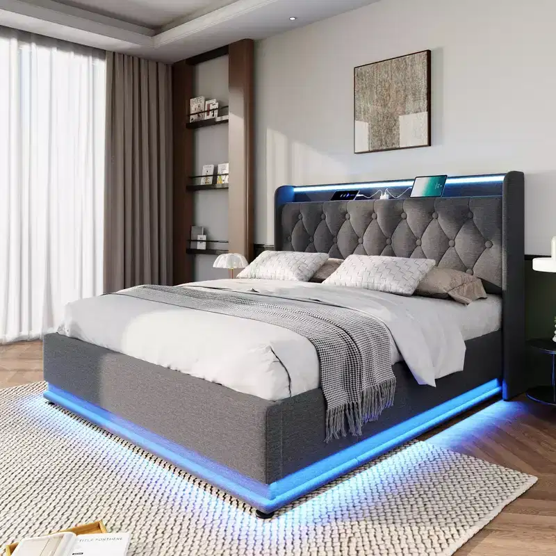 Full Upholstered Platform Bed with 360 LED and USB Charging