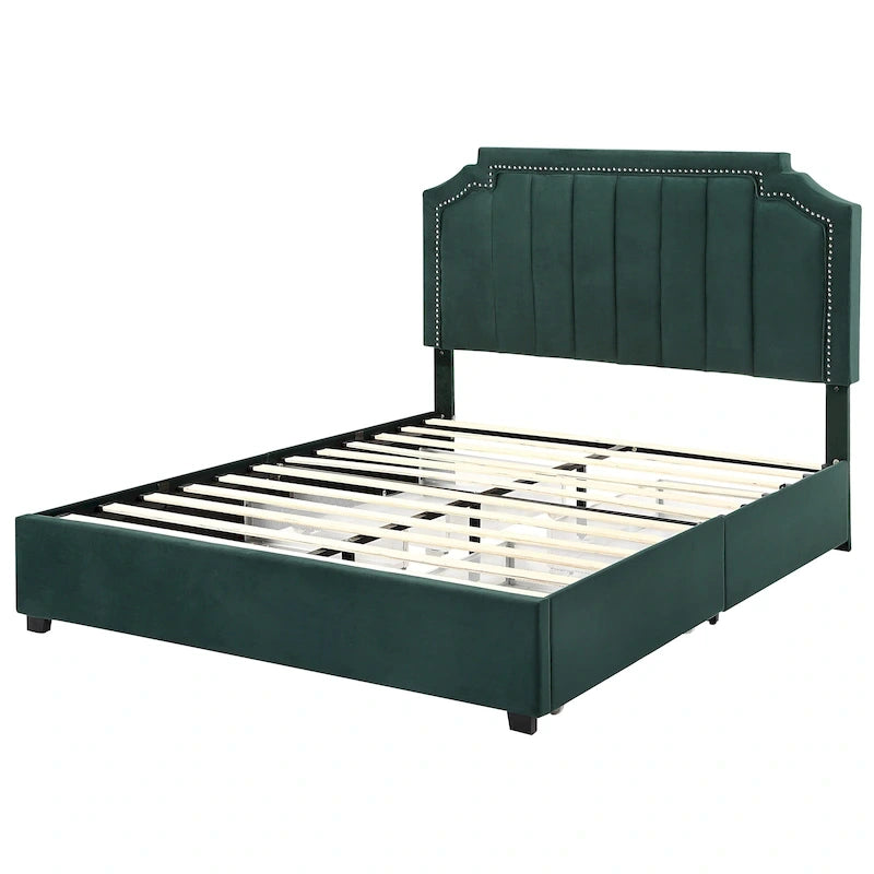 Art Deco Upholstered Platform Storage Bed with 4 Drawers, Queen Size