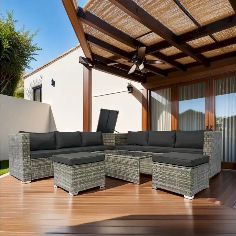 Premium 8-Piece Patio Sectional Wicker Rattan Outdoor Furniture Set: Grey Wicker, Black Cushions, Glass Top