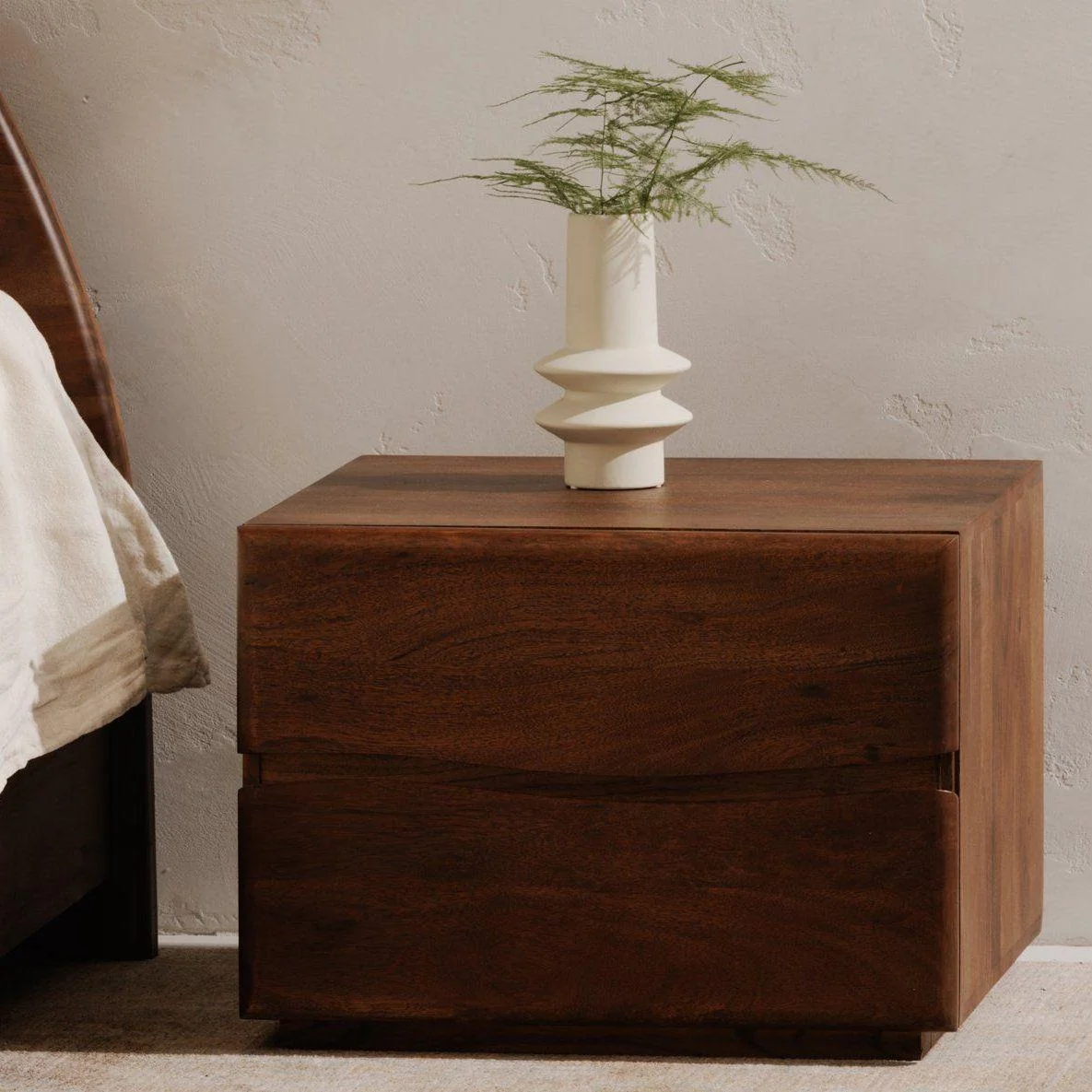 Natural Solid Acacia & Walnut Finish Nightstand with Live-Edge Detail & Dual Drawers for Bedroom