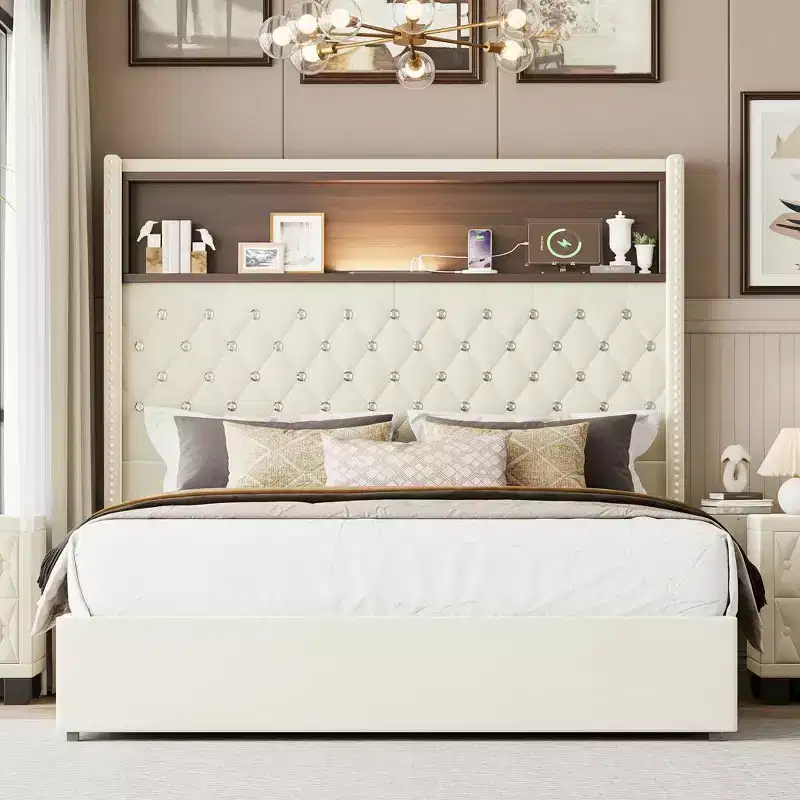 Velvet Bed Frame with Tufted Headboard, Shelf Storage, USB Ports & LED Light