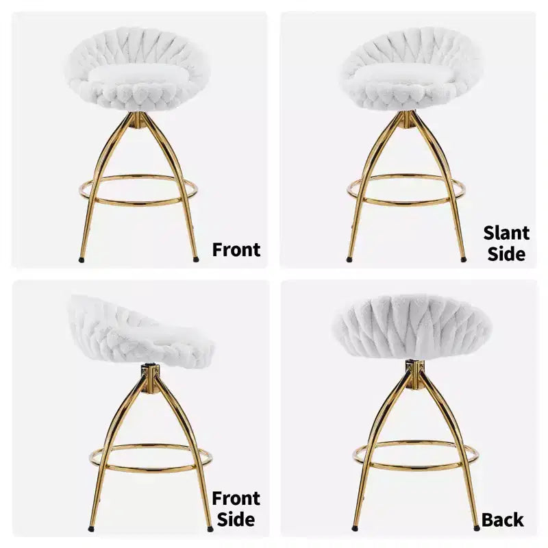 Karl Home 2 Piece Set of White Swivel Bar Stools with Teddy Fleece and Electro - Plated Gold Iron Legs