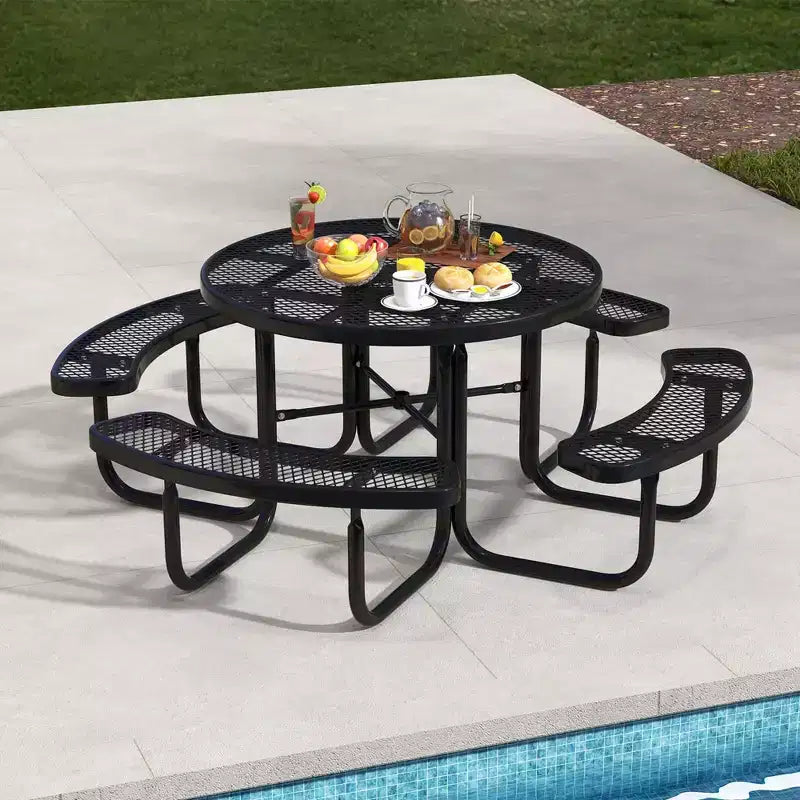 Costway 45 Coated Steel Camping Table Outdoor Round Picnic Table & Bench Set for 8 Black